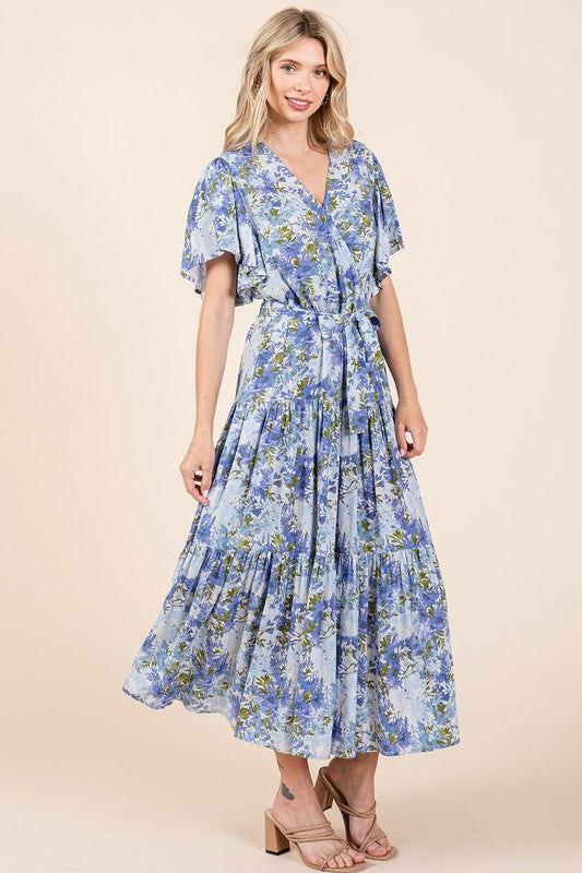 Mittoshop Floral Tie Waist Flutter Sleeve Tiered Dress - Clothes For Her Online Store