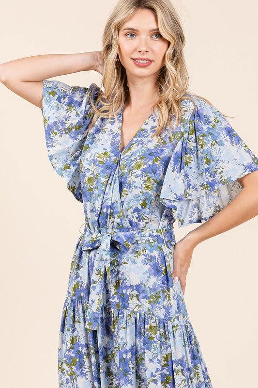 Mittoshop Floral Tie Waist Flutter Sleeve Tiered Dress - Clothes For Her Online Store