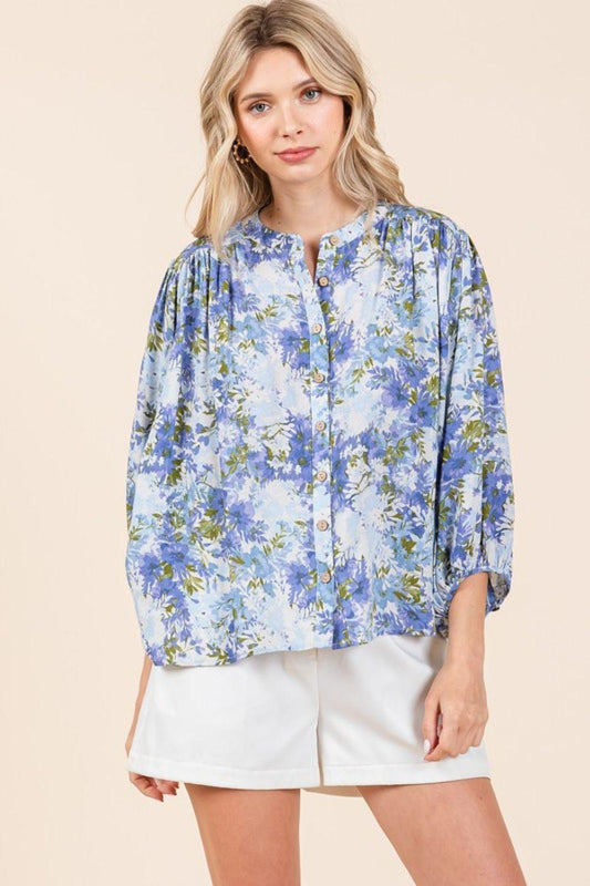 Mittoshop Flower Print Batwing Sleeve Button Down Blouse - Clothes For Her Online Store