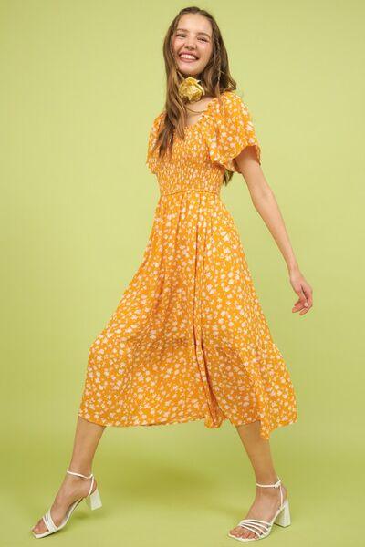 Mittoshop Flower Print Flutter Sleeve Smocked Midi Dress - Clothes For Her Online Store