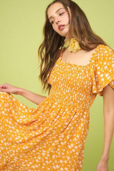 Mittoshop Flower Print Flutter Sleeve Smocked Midi Dress - Clothes For Her Online Store