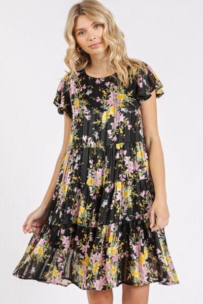 Mittoshop Flower Print Round Neck Flutter Sleeve Tiered Dress - Clothes For Her Online Store