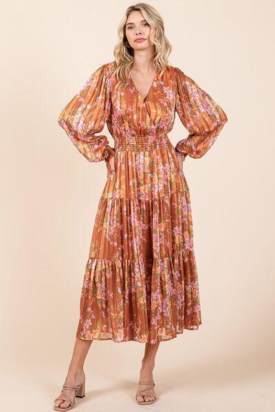 Mittoshop Flower Print Satin Lurex Stripe Smocked Midi Dress - Clothes For Her Online Store