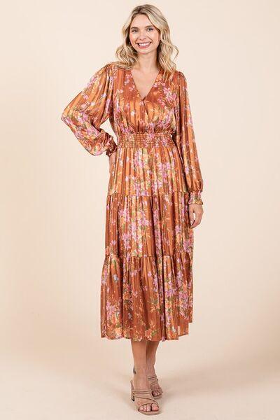 Mittoshop Flower Print Satin Lurex Stripe Smocked Midi Dress - Clothes For Her Online Store
