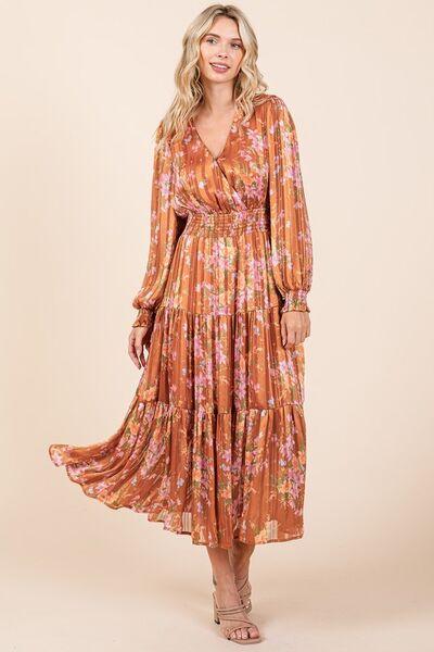 Mittoshop Flower Print Satin Lurex Stripe Smocked Midi Dress - Clothes For Her Online Store