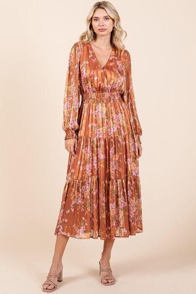 Mittoshop Flower Print Satin Lurex Stripe Smocked Midi Dress - Clothes For Her Online Store