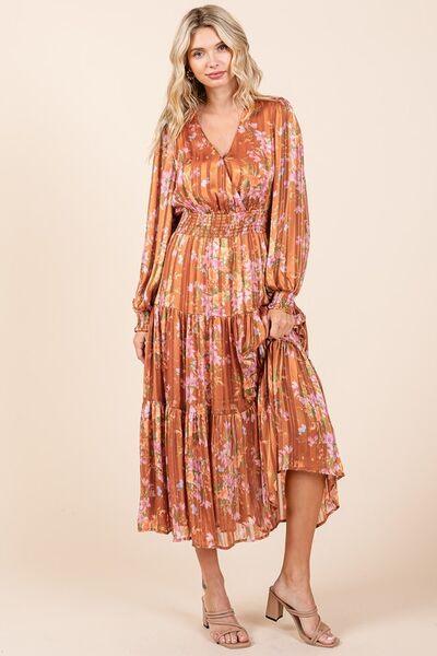 Mittoshop Flower Print Satin Lurex Stripe Smocked Midi Dress - Clothes For Her Online Store