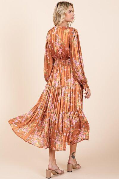Mittoshop Flower Print Satin Lurex Stripe Smocked Midi Dress - Clothes For Her Online Store