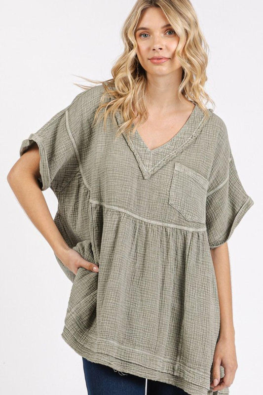 Mittoshop Mineral Wash Gauze Babydoll V-Neck Oversized Blouse - Clothes For Her Online Store