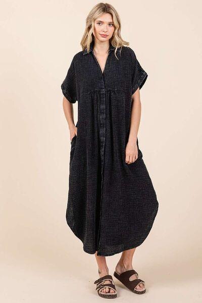 Mittoshop Mineral Wash V Neck Button Up Midi Shirt Dress - Clothes For Her Online Store