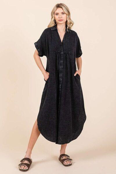 Mittoshop Mineral Wash V Neck Button Up Midi Shirt Dress - Clothes For Her Online Store