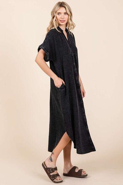 Mittoshop Mineral Wash V Neck Button Up Midi Shirt Dress - Clothes For Her Online Store