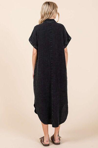 Mittoshop Mineral Wash V Neck Button Up Midi Shirt Dress - Clothes For Her Online Store