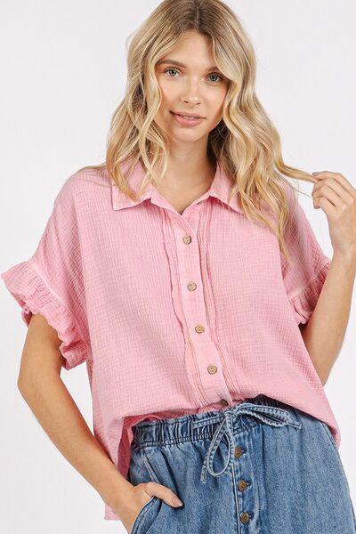Mittoshop Mineral Washed Button Down Flounce Sleeve Shirt - Clothes For Her Online Store