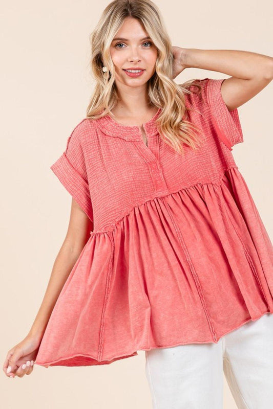 Mittoshop Mixed Media Mineral Wash Babydoll Short Sleeve Blouse - Clothes For Her Online Store