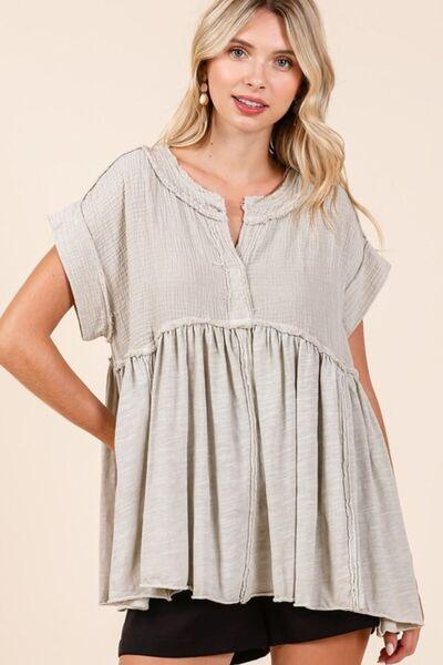 Mittoshop Mixed Media Mineral Wash Babydoll Short Sleeve Blouse - Clothes For Her Online Store
