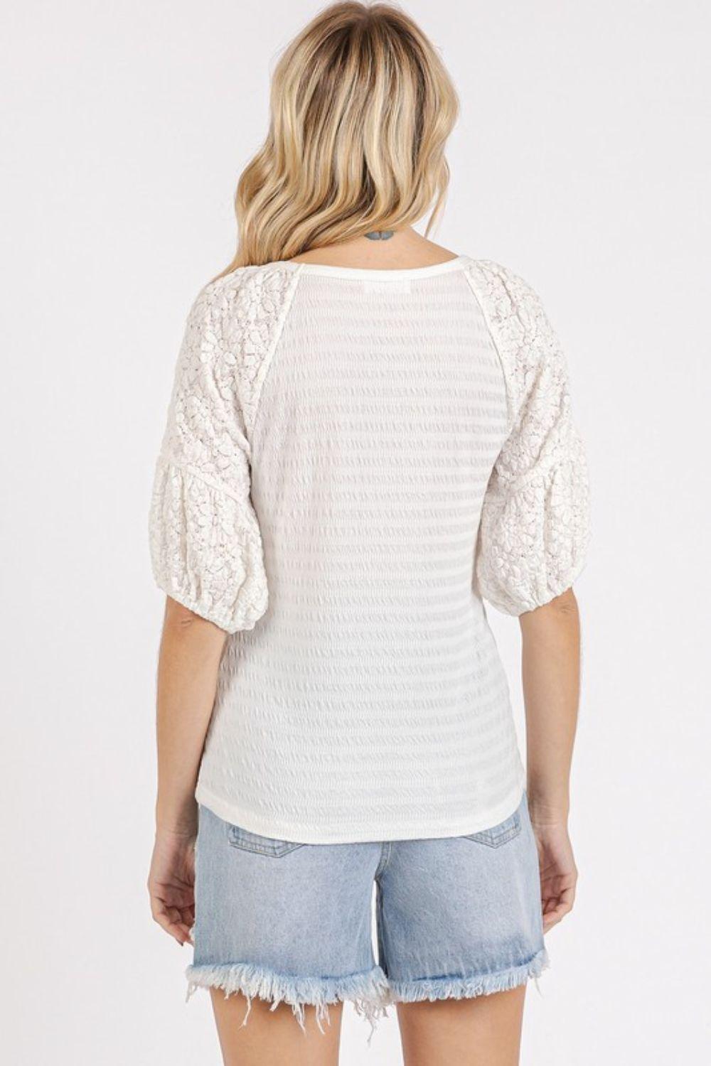 Mittoshop Mixed Media Textured Knit Popcorn Puff Sleeve Blouse - Clothes For Her Online Store