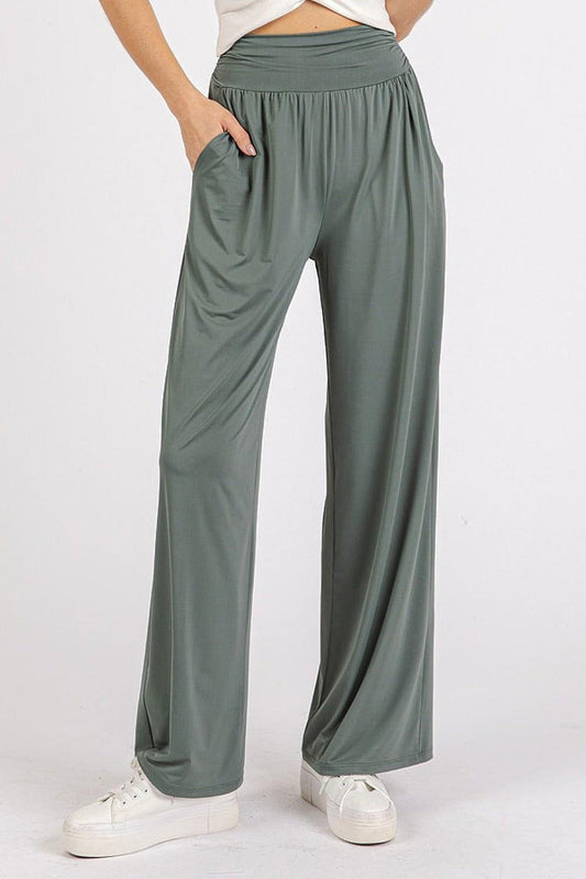Mittoshop Stretch Banded Waist Wide Leg Pants with Pockets - Clothes For Her Online Store