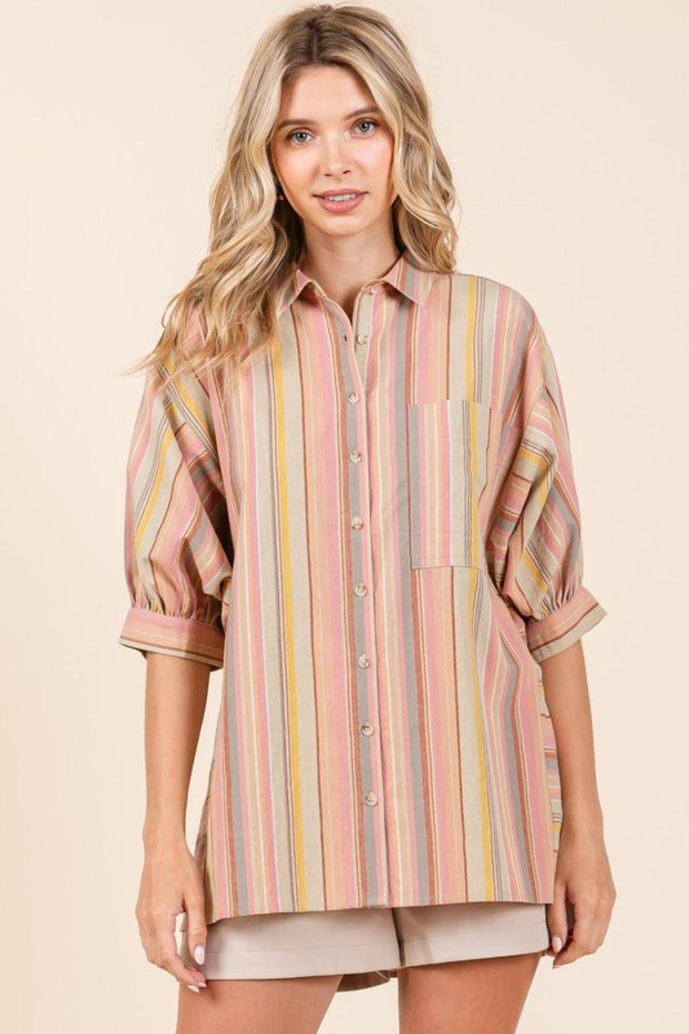 Mittoshop Striped Bubble Sleeve Button Down Shirt - Clothes For Her Online Store