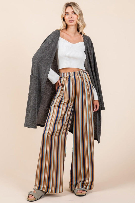 Mittoshop Striped Satin Elastic Waist Wide Leg Pants - Clothes For Her Online Store