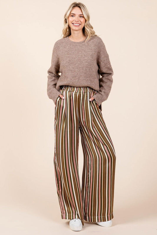 Mittoshop Striped Satin Elastic Waist Wide Leg Pants - Clothes For Her Online Store
