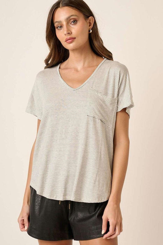 Mittoshop Striped V-Neck Short Sleeve T-Shirt - Clothes For Her Online Store