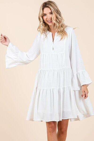 Mittoshop Tiered Notched Flare Sleeve Dress - Clothes For Her Online Store