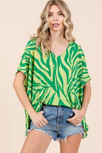 Mittoshop Zebra Print V-Neck Short Sleeve Oversized Top - Clothes For Her Online Store