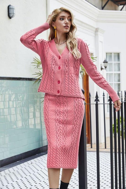 Mixed Knit V-Neck Cardigan and Knit Skirt Set - Clothes For Her Online Store