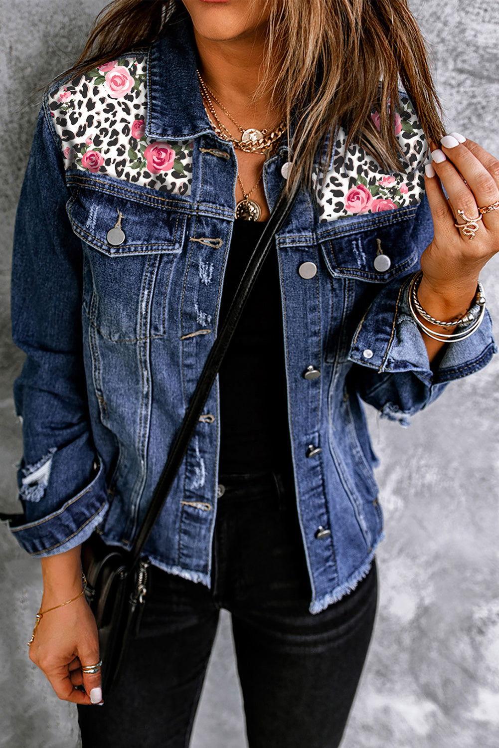 Mixed Print Distressed Button Front Denim Jacket - Clothes For Her Online Store