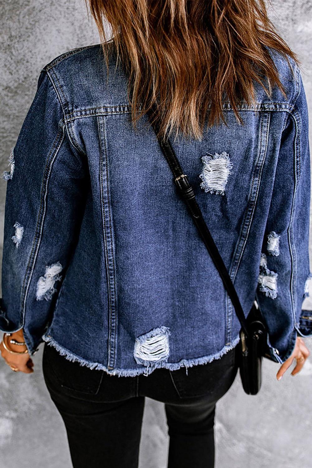 Mixed Print Distressed Button Front Denim Jacket - Clothes For Her Online Store