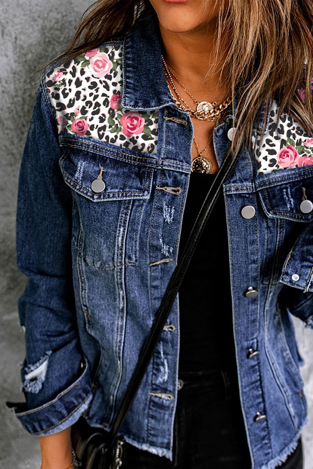 Mixed Print Distressed Button Front Denim Jacket - Clothes For Her Online Store