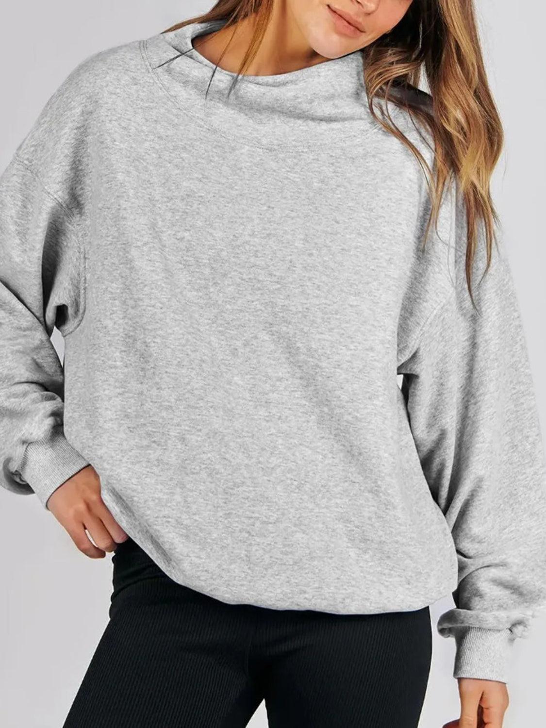 Mock Neck Drop Shoulder Long Sleeve Sweatshirt - Clothes For Her Online Store