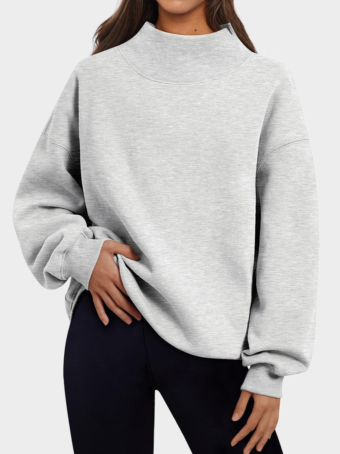 Mock Neck Drop Shoulder Long Sleeve Sweatshirt - Clothes For Her Online Store