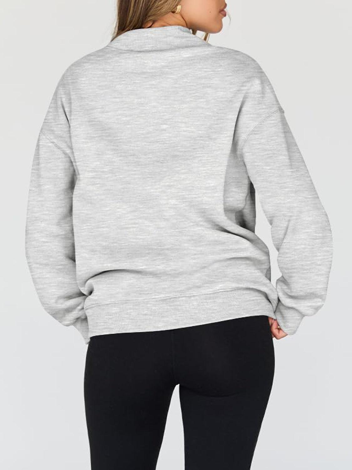 Mock Neck Drop Shoulder Long Sleeve Sweatshirt - Clothes For Her Online Store