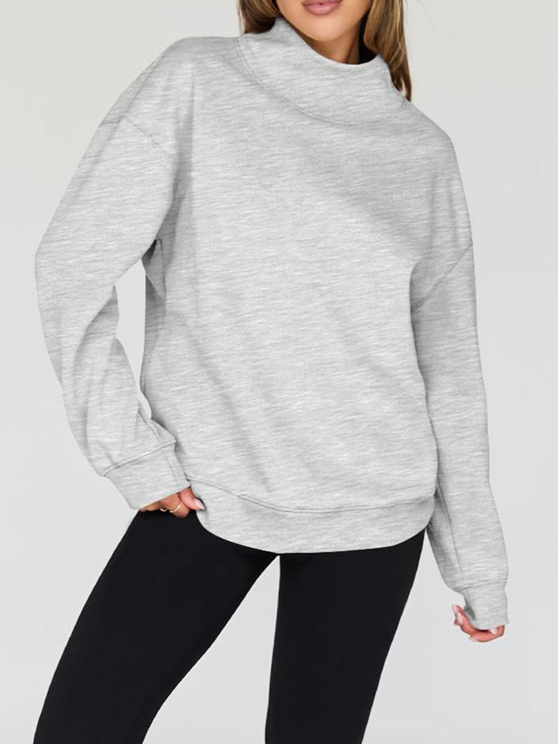 Mock Neck Drop Shoulder Long Sleeve Sweatshirt - Clothes For Her Online Store