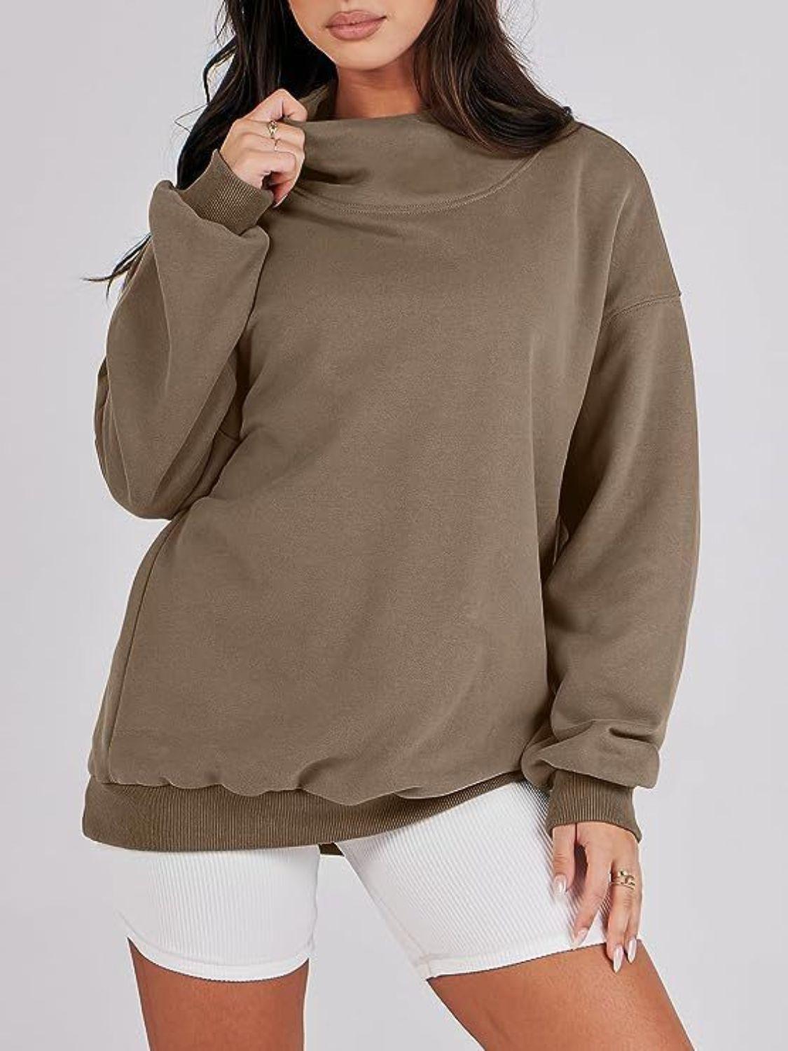 Mock Neck Drop Shoulder Long Sleeve Sweatshirt - Clothes For Her Online Store