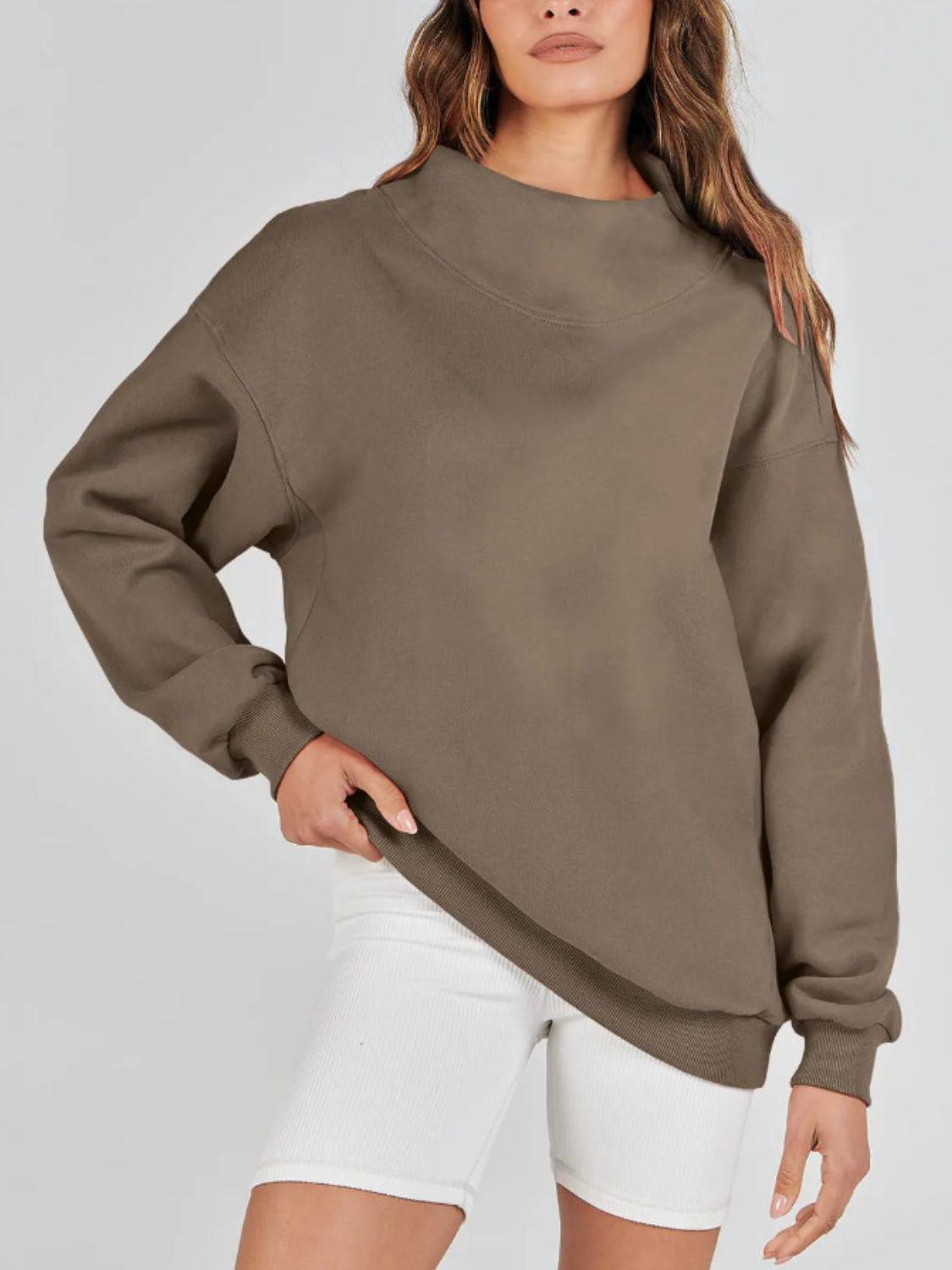 Mock Neck Drop Shoulder Long Sleeve Sweatshirt - Clothes For Her Online Store