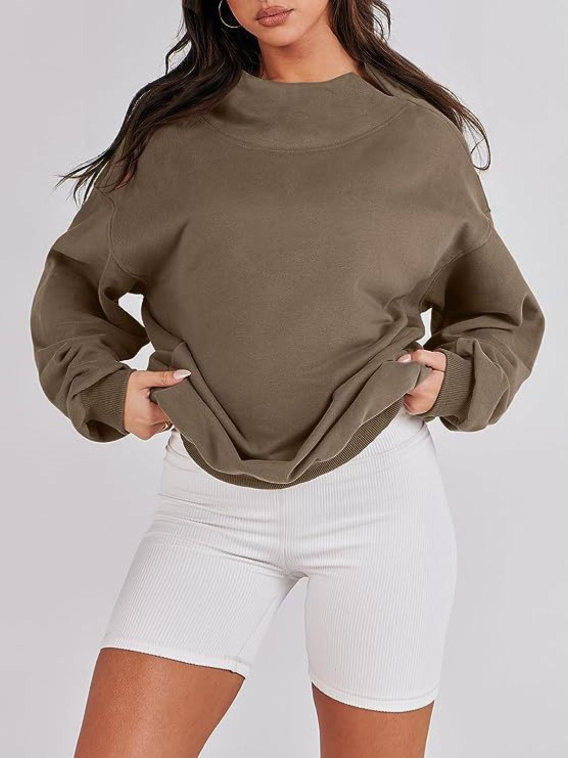 Mock Neck Drop Shoulder Long Sleeve Sweatshirt - Clothes For Her Online Store