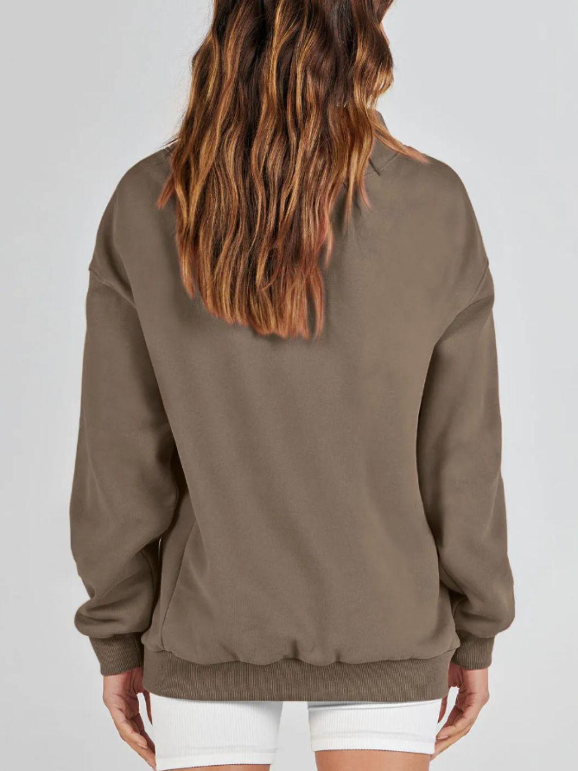 Mock Neck Drop Shoulder Long Sleeve Sweatshirt - Clothes For Her Online Store