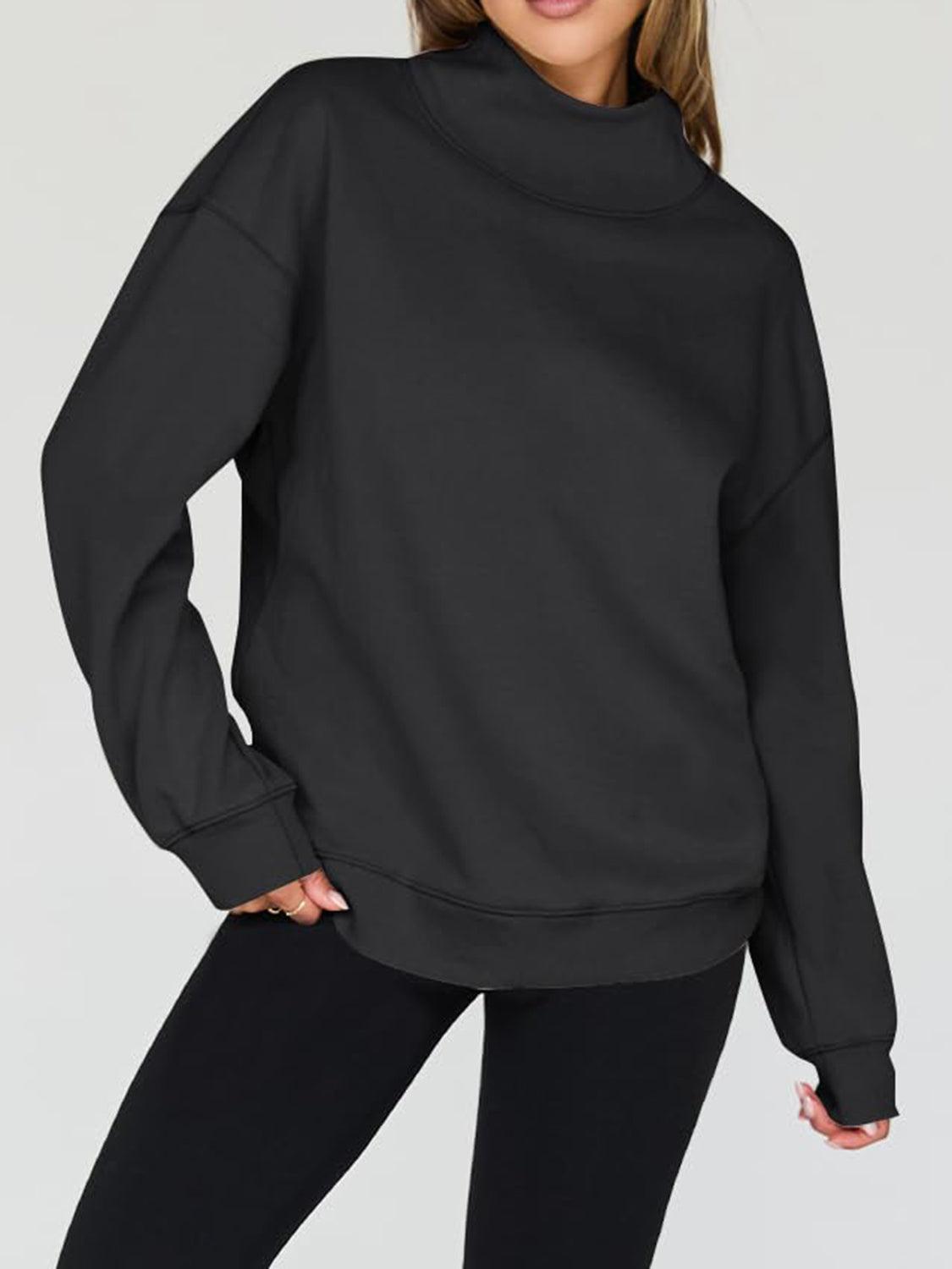 Mock Neck Drop Shoulder Long Sleeve Sweatshirt - Clothes For Her Online Store