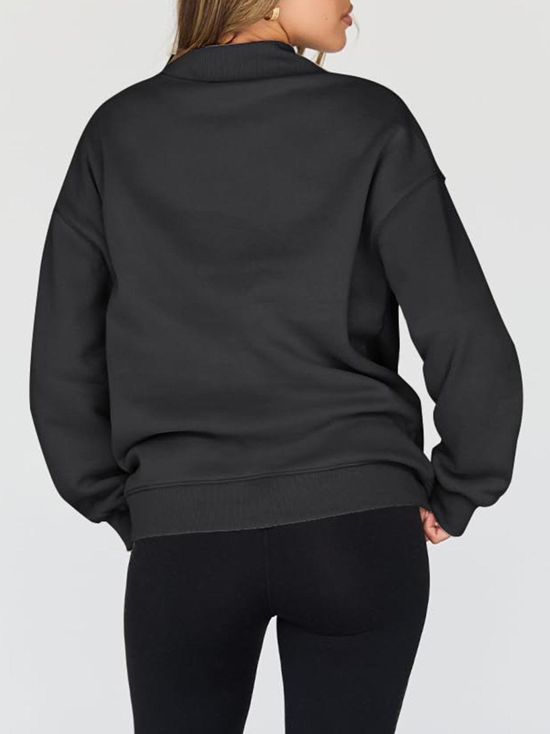Mock Neck Drop Shoulder Long Sleeve Sweatshirt - Clothes For Her Online Store