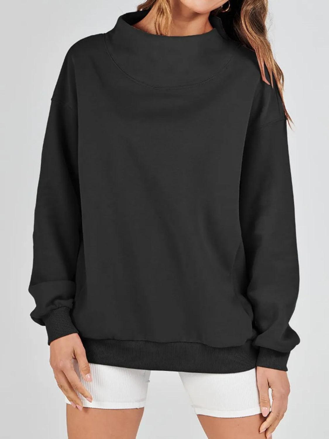 Mock Neck Drop Shoulder Long Sleeve Sweatshirt - Clothes For Her Online Store