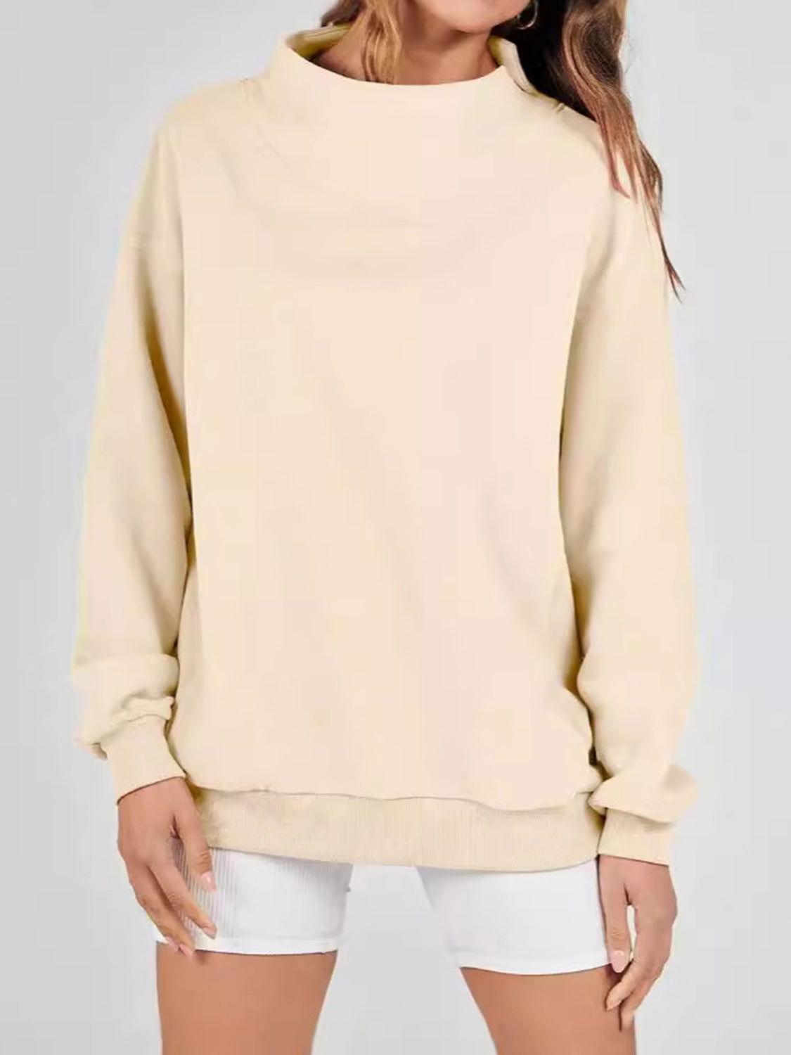 Mock Neck Drop Shoulder Long Sleeve Sweatshirt - Clothes For Her Online Store