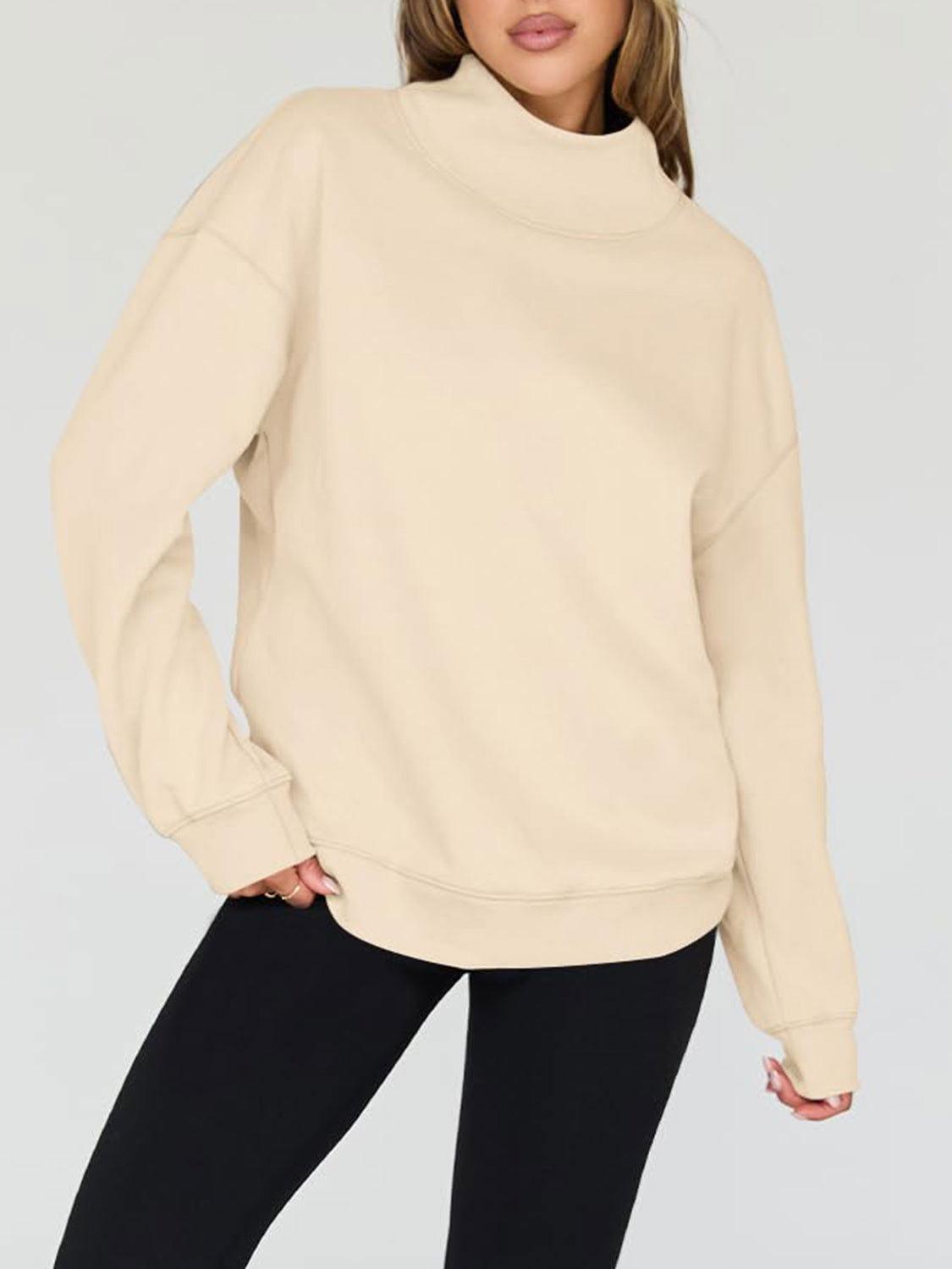 Mock Neck Drop Shoulder Long Sleeve Sweatshirt - Clothes For Her Online Store