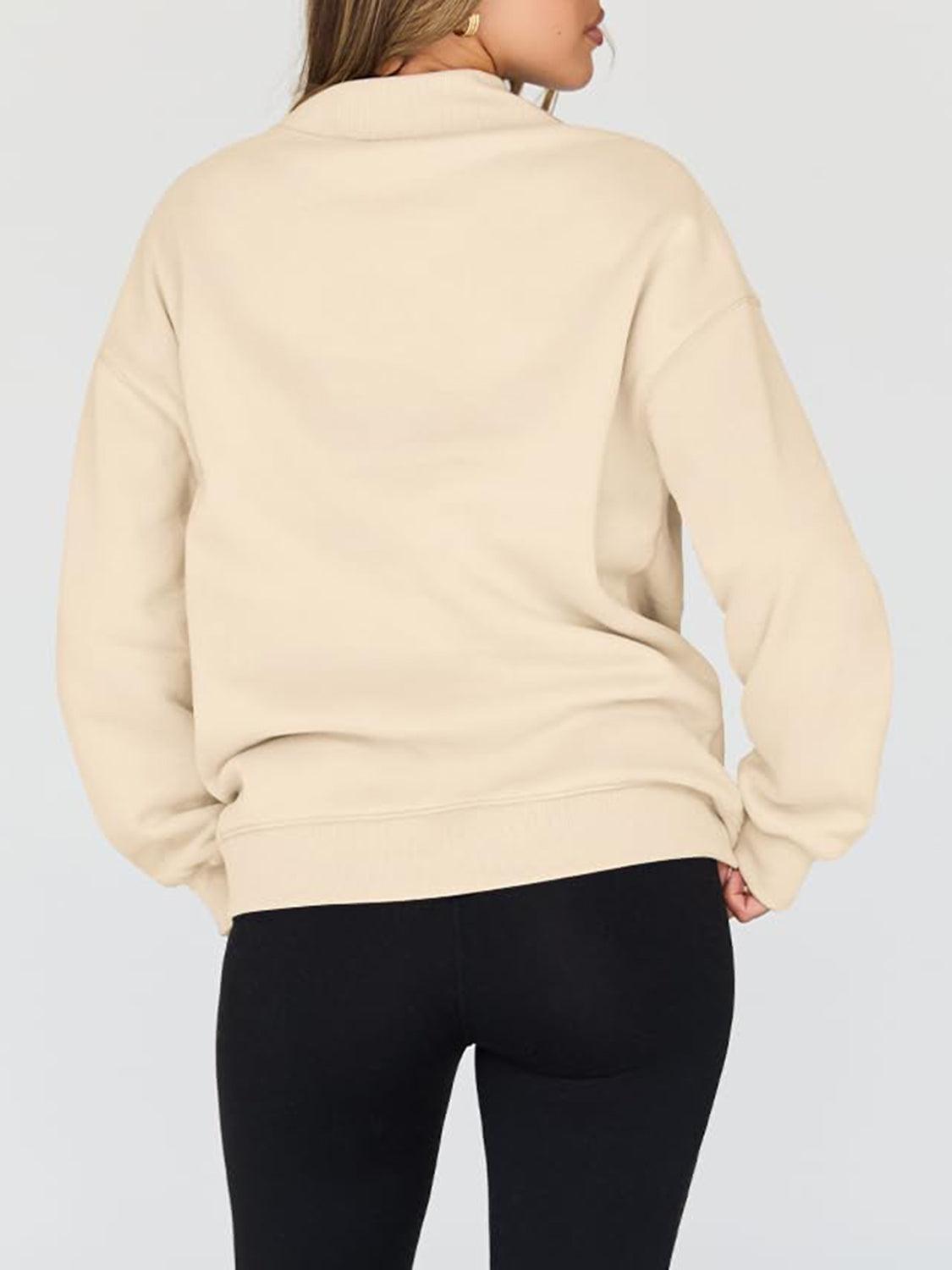 Mock Neck Drop Shoulder Long Sleeve Sweatshirt - Clothes For Her Online Store