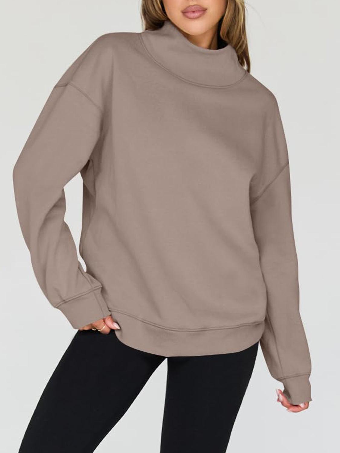 Mock Neck Drop Shoulder Long Sleeve Sweatshirt - Clothes For Her Online Store