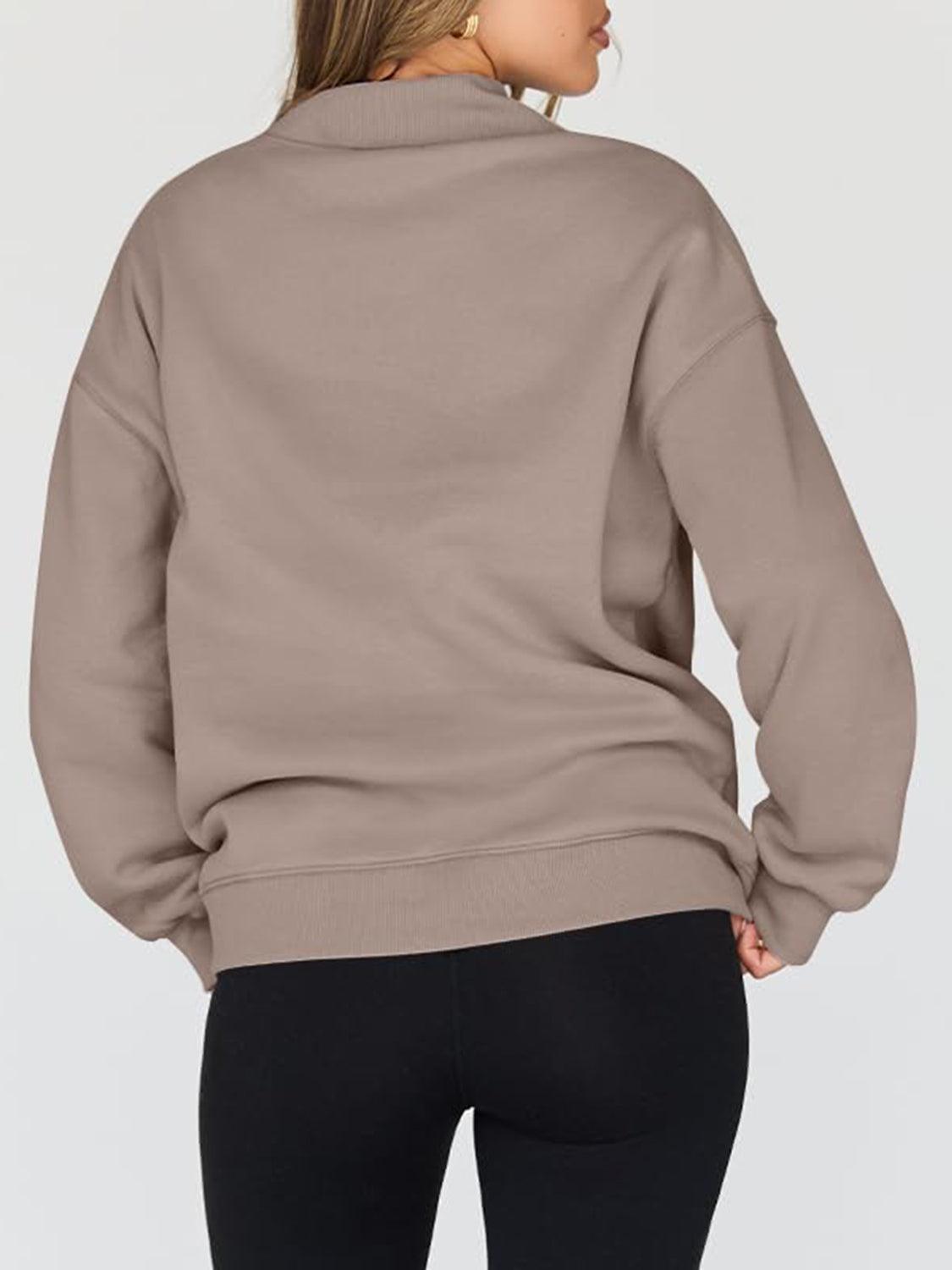 Mock Neck Drop Shoulder Long Sleeve Sweatshirt - Clothes For Her Online Store