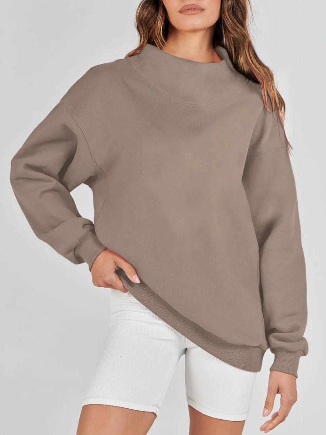 Mock Neck Drop Shoulder Long Sleeve Sweatshirt - Clothes For Her Online Store