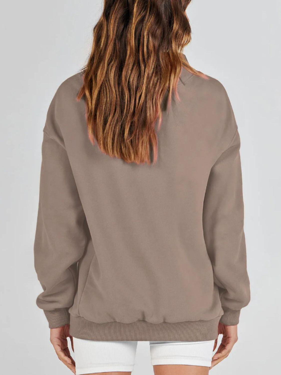Mock Neck Drop Shoulder Long Sleeve Sweatshirt - Clothes For Her Online Store